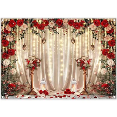 Love Day Wedding Stage Backdrop 7x5ft White Curtain Red Rose Wall Photo Prop - Image 1 of 4