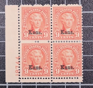 Scott 667 - 9 Cents Jefferson OG MH Plate Block Of 4 Kansas #18744 - SCV $275.00 - Picture 1 of 2