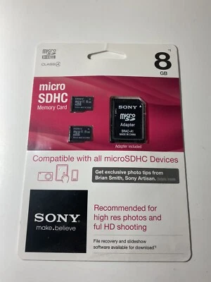 New Sealed Sony 8GB X2 Micro SDHC Cards & 1 SD Adapter SR-8A4D/TQ2 SDHC Class 4 - Image 1 of 2