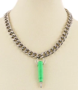 M16 .223 Neon Green l Bullet Necklace Pendant Cuban Chain Punk Goth Thrash - Picture 1 of 1