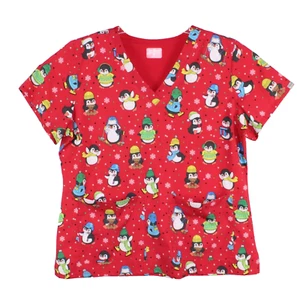 Ava Therese Scrub Top Red Size XL Penguins Winter Fun - Picture 1 of 8