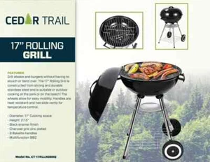 Cedar Trail Round Kettle Charcoal BBQ Grill 17" Dia. Portable Black 3 Handles - Picture 1 of 3