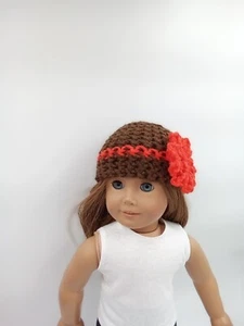 Sombrero de ganchillo para muñecas American Girl 18" muñeca ropa marrón con flor naranja - Imagen 1 de 3