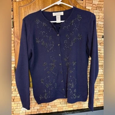 Cárdigan vintage Petite Sophisticates mezcla lana púrpura cuentas talla M Foto 1 de 4
