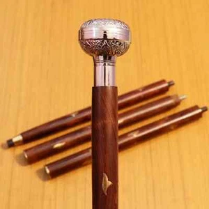 Finish Brass Chrome Ball Handle Vintage Wooden Walking Stick Cane 37 inch - Picture 1 of 3