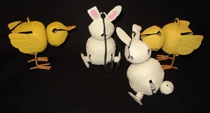 2 Bunny Rabbit 2 Chick Baby Chicken Metal Bells Easter Tree Ornaments Decoration - Picture 1 of 3