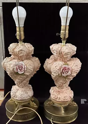 2 Table Lamps With Roses In Capodimonte Porcelain With Gold ACCENTS.  26.5 ITALY - Image 1 of 4