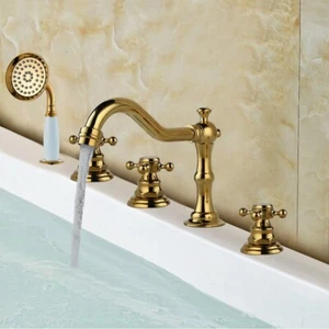 Deck Mounted 5 Hole Gold Brass Bathroom Roman Tub Faucet Set With Hand Shower - Picture 1 of 9