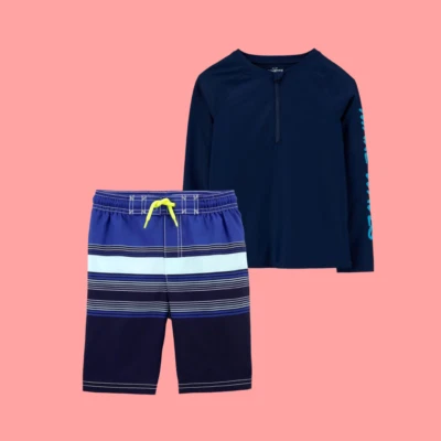 Roupa de banho OshKosh B’gosh masculina rashguard top e baús de banho listrados ondas tamanho 10 nova com etiquetas - Imagem 1 de 4