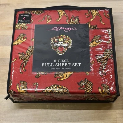 NWT Ed Hardy Full Sheet Set 6pc Red Tigers Japandi Maximalist Y2K Bedding Gift - Image 1 of 2
