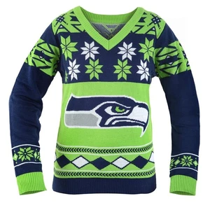 Seattle Seahawks NFL para Mujer Big Logo Cuello en Pico Feo Navidad Suéter Medio - Imagen 1 de 2