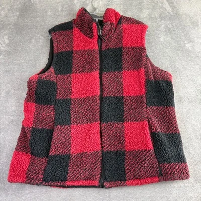 Free Country Womens XL Reversible Puffer Vest Black Red Buffalo Plaid Fleece - Image 1 of 4