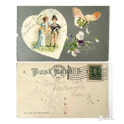 Lebanon PA 1907 Flag Cancel 1 on Valentines Postcard w/ Butterfly - Image 1 of 3
