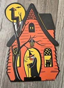 HE Luhrs Halloween Haunted House Embossed Die-Cut Witch Black Cat VTG Unpunched - Picture 1 of 8