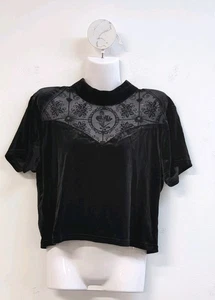 Disturbia Cameo Floral Flocked Mesh Velour High Neck Women's Top US 14 Black - Picture 1 of 8
