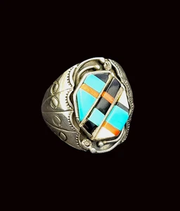 BIG Zuni Sterling Silver Turquoise Coral Inlay Ring Biker Sunburst VINTAGE 11.75 - Bild 1 von 11