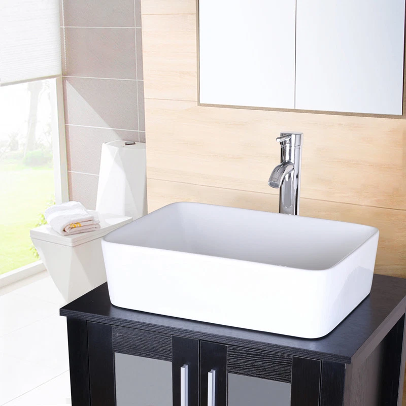 White Vessel Sink Rectangl Bathroom Ceramic W/Faucet Bowl Pop Up Drain Top Combo