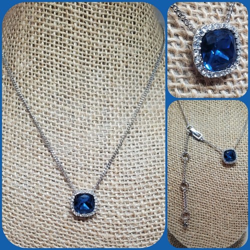 Collana Givenchy Pave Halo Asscher taglio pietra preziosa blu ciondolo argento 16' 19'
