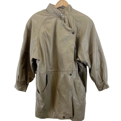 Vintage 80s Bagatelle Leather Jacket Taupe Brown Asymmetrical Snap Women's 12 - Image 1 of 4