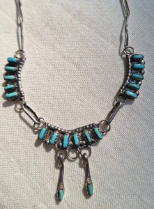 14" CHARMING Antique Zuni Sterling Silver Petit Point Turquoise Necklace - Picture 1 of 12