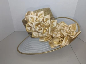 Neu Whittall & Shon Damenhut goldfarben Perlen große Schleife schimmernd 4,5" mit Krempe - Bild 1 von 11
