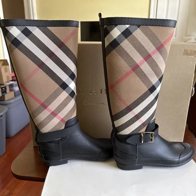 BURBERRY- Botas de Lluvia Moto Vintage Cuadros Simeon Talla 36 Talla 6 EE. UU. Foto 1 de 4