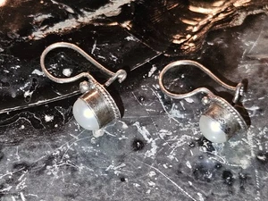 Sterling Silver and ?Pearl Leverback Drop Earrings Signed MKSN? MNSN? Illegible - Picture 1 of 14