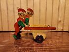 Vintage 1940s Christmas Elves Pushing Wagon Cart Wood Table Decor Kids Pull Toy