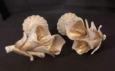 Antique French Victorian Curtain Drape Tiebacks Floral Ivory Brass Backplate 2 - Image 1 of 4