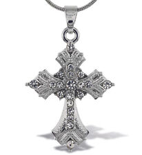 Aqua79 Silver Fleur De Lis Cross Sparkling Crystal Pendant Necklace - 18 Inches