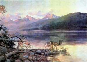 DEER AT LAKE MCDONALD POSTER Charles M Russell RARE NEW - Picture 1 of 1