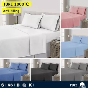 100% Cotton Percale All Size 1000TC 4pc Flat Fitted Sheet Set | Anti-Pilling - Picture 1 of 12