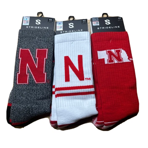 3 PAIRS Nebraska Huskers  Strideline Premium Crew Socks Full Knit MEDIUM/LRGE Cover