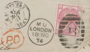 GB 18.11.1874 QV 3d rose Pl.15 (HL) "LONDON / 13" + "PD" PROBABLY LATEST USAGE - Picture 1 of 3