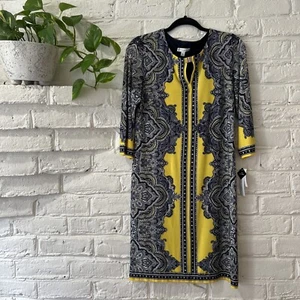 Sandra Darren Slinky Knit Dress Navy Yellow Paisley Boho Retro Stretchy Small - Picture 1 of 13