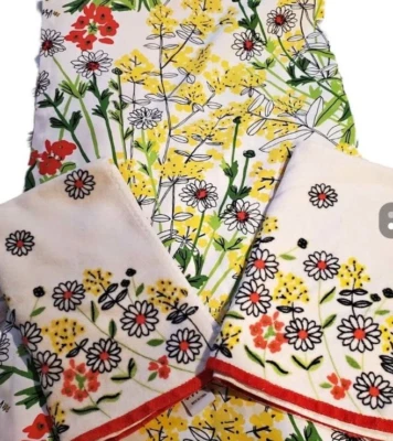 Vera Neumann cortina de chuveiro pano felpudo toalha de mão floral verde amarelo vermelho preto - Imagem 1 de 4