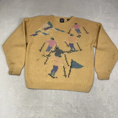 Suéter Pullover Tejido Vintage Gap Tejido a Mano Lana Shetland Ski Race 89' Amarillo Foto 1 de 4