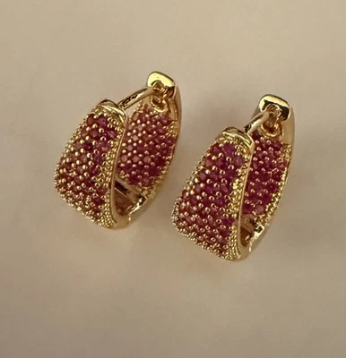 14k Gold Plated Lab Created Ruby Hoop Earrings 2 cts Total - Image 1 of 4