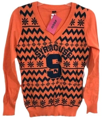 New FOCO Collegiate SYRACUSE V-Neck Ugly X-mas Sweater! Blue/Orange. Women (XL) - Image 1 of 4
