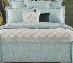 NWT Yves Delorme Nil Bleu Queen Flat Horizon Queen Fitted 2PC Set Organic Sateen - Picture 1 of 23