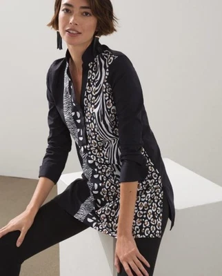 Túnica cebra negra elástica sin hierro Chico's para mujer talla 2 (US 12) nueva $109 Foto 1 de 4