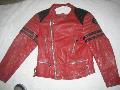 VINTAGE LEATHER RIDING BIKER JACKET MOTO CUIR RED BLACK RACER Paris France - Image 1 of 4
