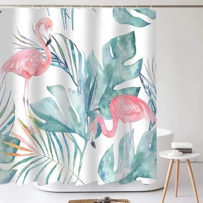 "Tropical Pink Flamingo Shower Curtain with Hooks, Teal Palm Leaves Modern Sty.. - Image 1 of 4