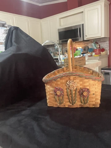 Vintage Woven Wood Basket With Rustic Design Fabric And Buttons Farmhouse Design Cover