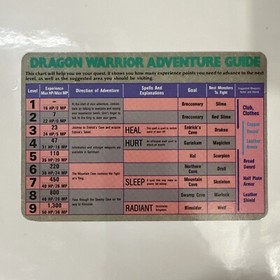 Dragon Warrior Adventure Guide NES Nintendo Two Sided Chart NEAR MINT