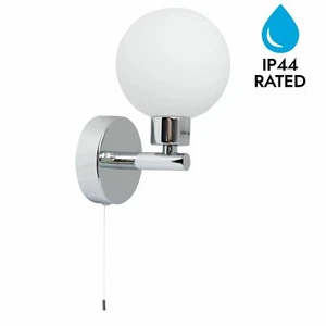 Modern Polished Chrome & Glass Globe IP44 Bathroom Wall Light Pull Cord Switch - Picture 1 of 6