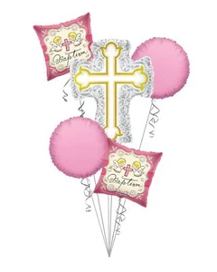 Baby Girl Christening, Baptism Silver & Gold Cross Balloon Bouquet (5 Balloons) - Bild 1 von 4