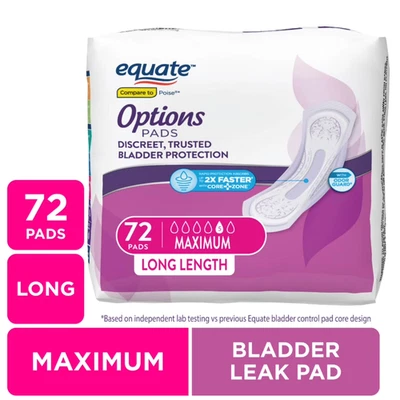 Almohadillas para incontinencia Equate Options para mujer, absorción máxima, longitud larga (72 Co Foto 1 de 4