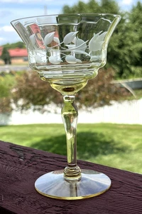 Vintage Yellow Etched Optic Champagne Glass Amber Coupe, 6" Tall, 1-pc - Picture 1 of 13