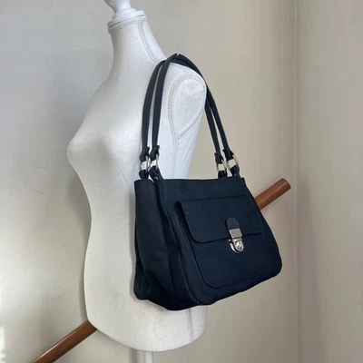 Vintage 90s Boxy Nylon Black Purse Shoulder Bag Silver O-Ring Chunky Y2k Preppy - Image 1 of 4